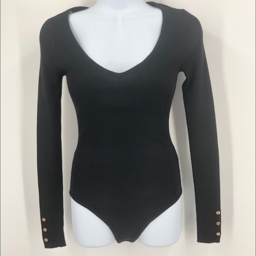 GUESS Black Ribbed V-Neck Long Sleeve Bodysuit